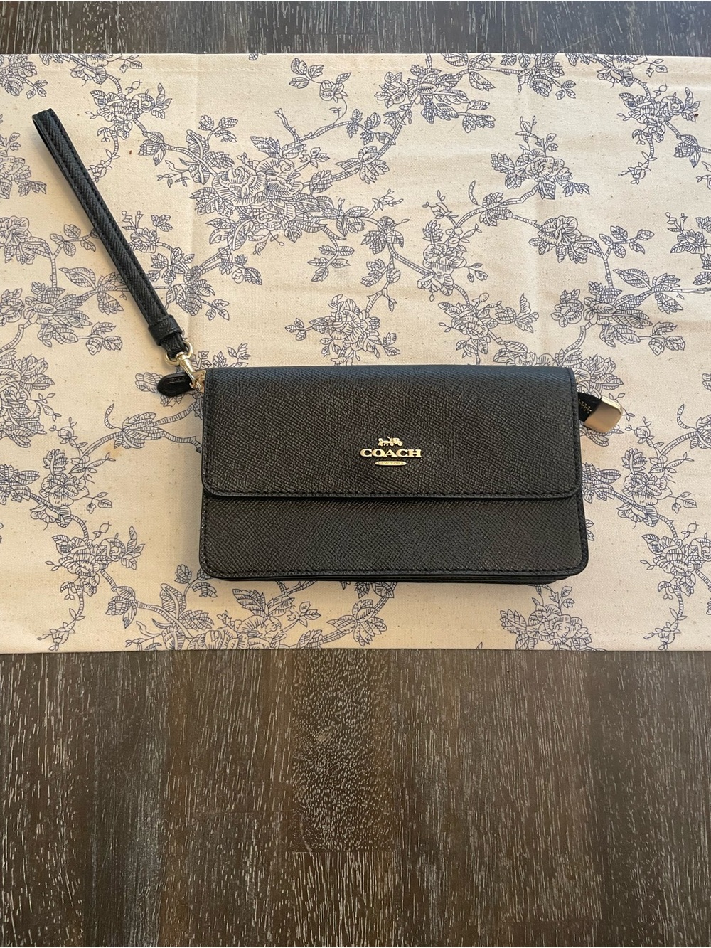 Coach Black Saffiano Leather Wristlet Clutch with Gold Logo